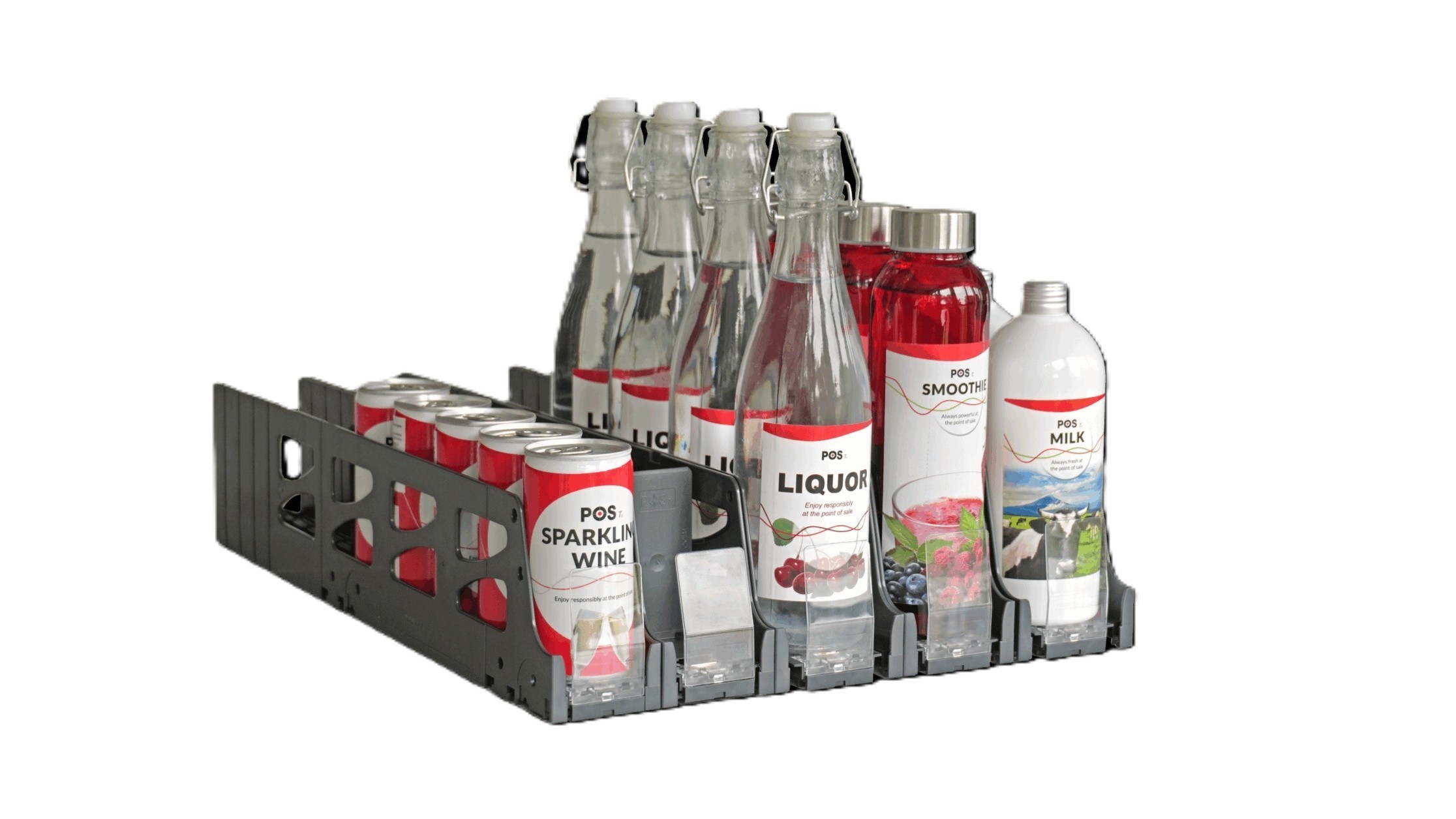 POS-T SuperVario universal fit channel showing 5 facings adjusted for multiple beverage formats including cans, swing-top bottles, and specialty drinks
